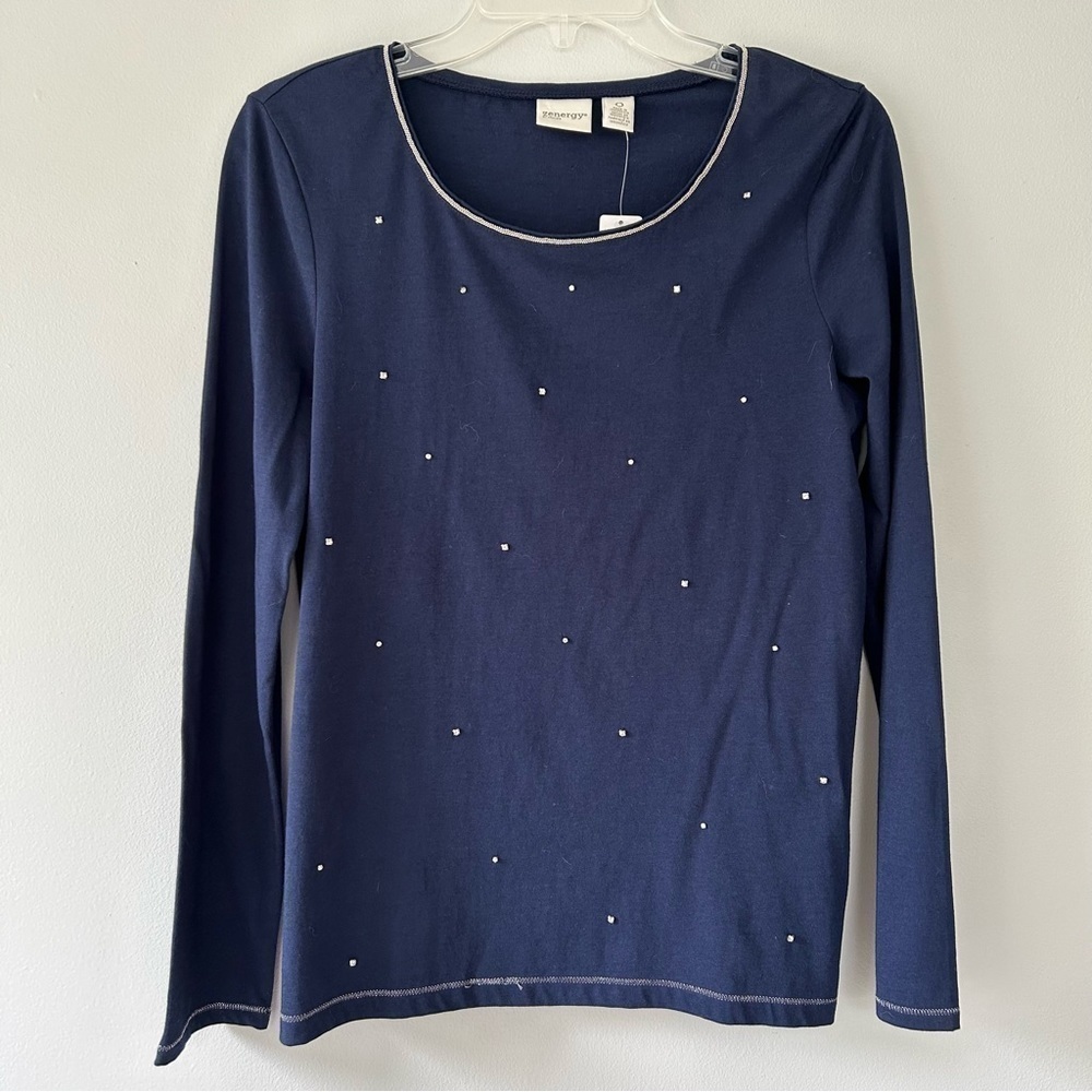 Chico’s Navy Blue Rhinestone Long Sleeve Shirt Silver Size 0 Small NWT